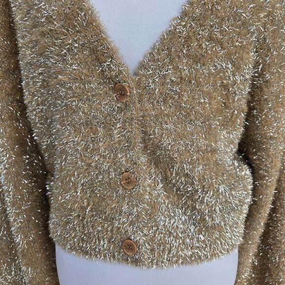 Forever 21 Metallic Fuzzy Knit Cropped Cardigan Sweater Sz L Y2K Glam/Partywear - Picture 3 of 9
